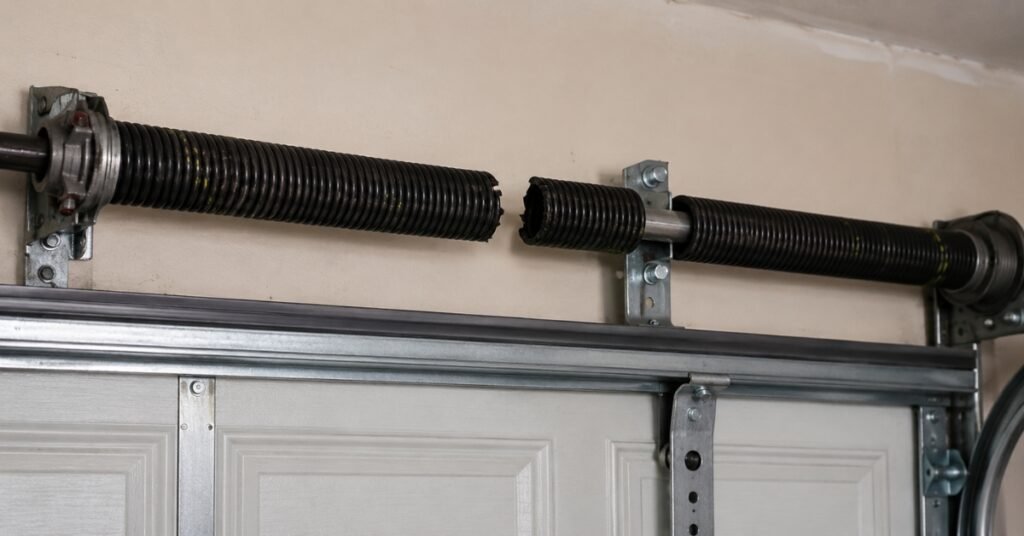 Broken garage door torsion spring with visible gap