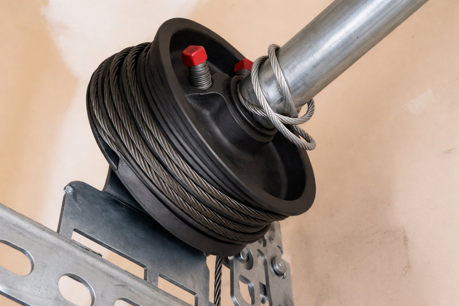 Garage door cable drum with wound steel cable