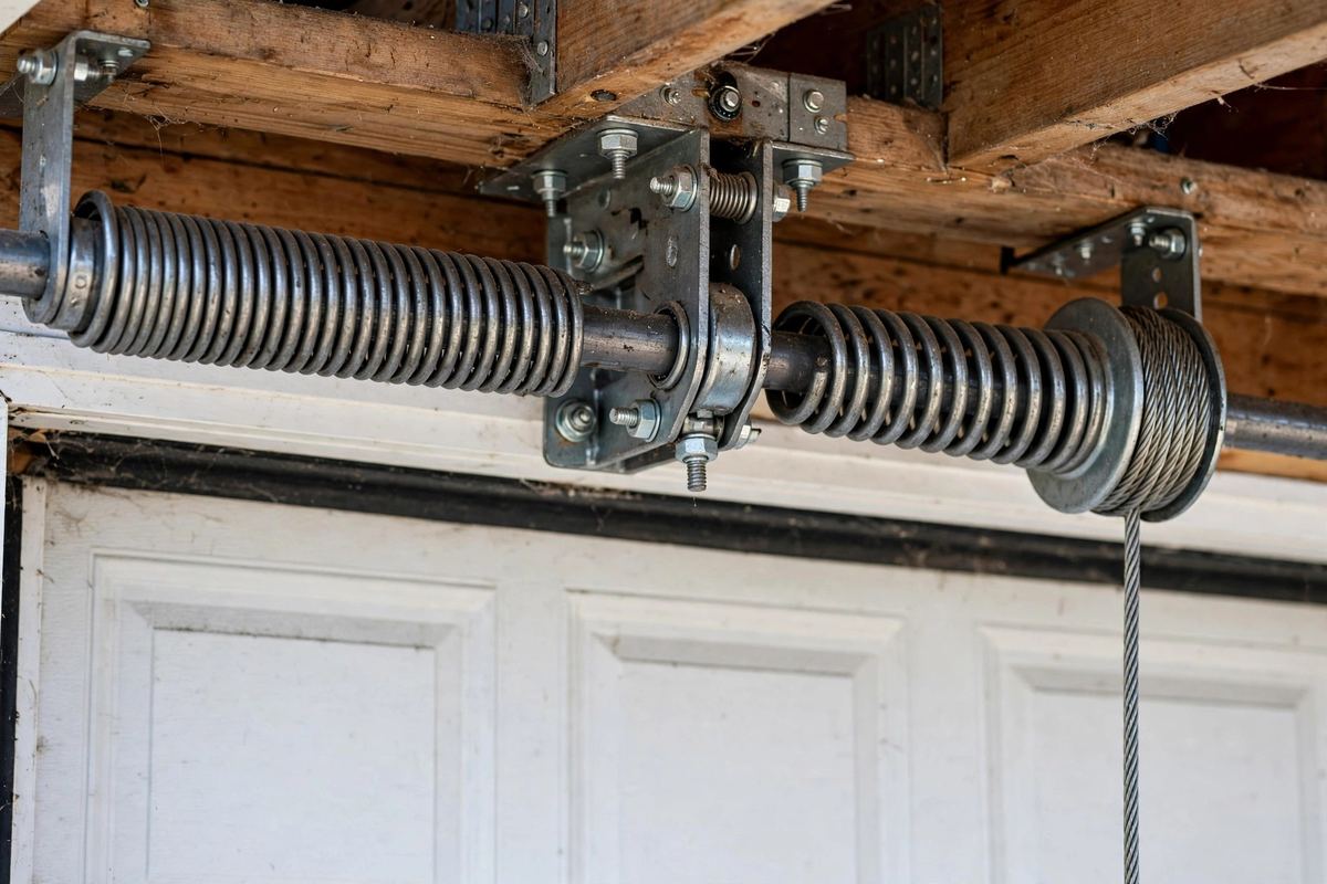 Close-up of garage door torsion springs on the torsion tube