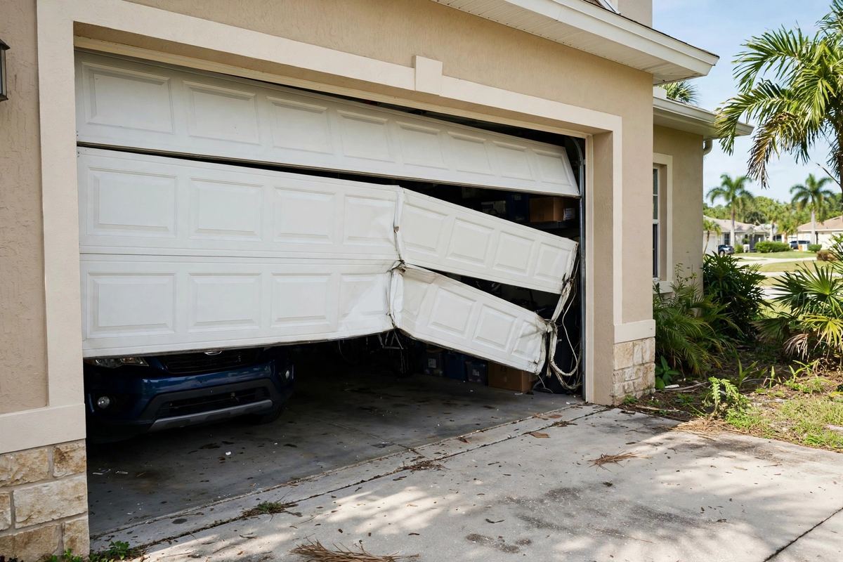 Emergency garage door repair in South Florida at night